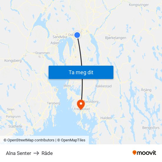 Alna Senter to Råde map