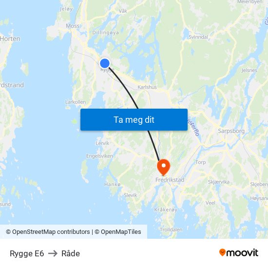 Rygge E6 to Råde map