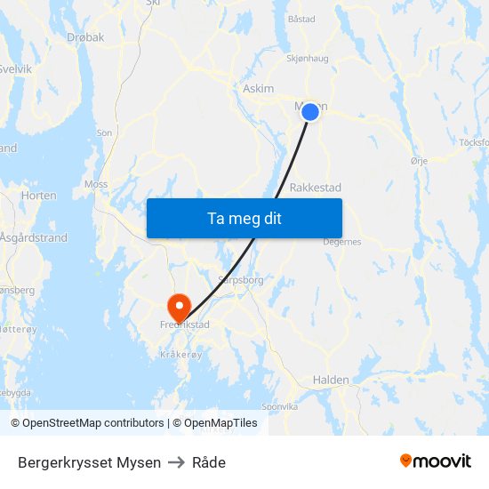 Bergerkrysset Mysen to Råde map