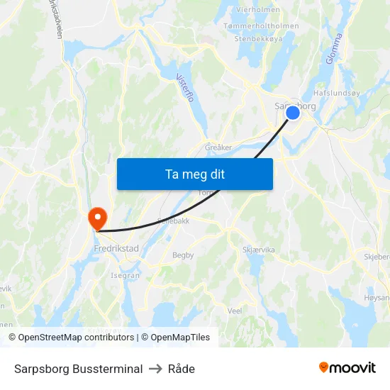 Sarpsborg Bussterminal to Råde map