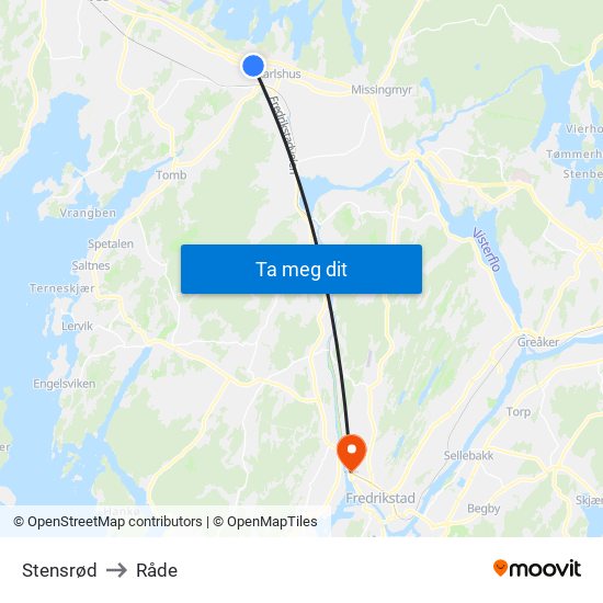 Stensrød to Råde map