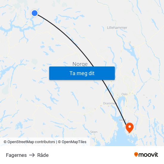 Fagernes to Råde map