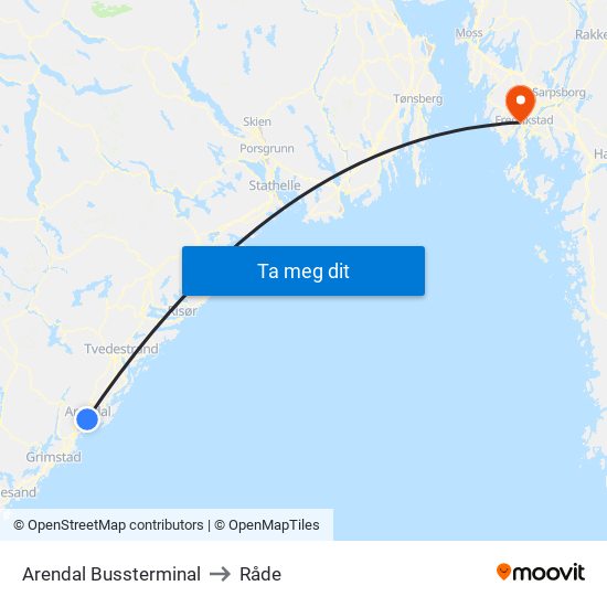 Arendal Bussterminal to Råde map