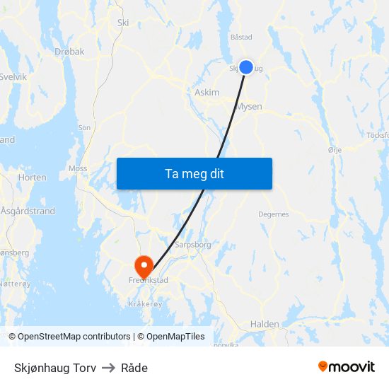 Skjønhaug Torv to Råde map