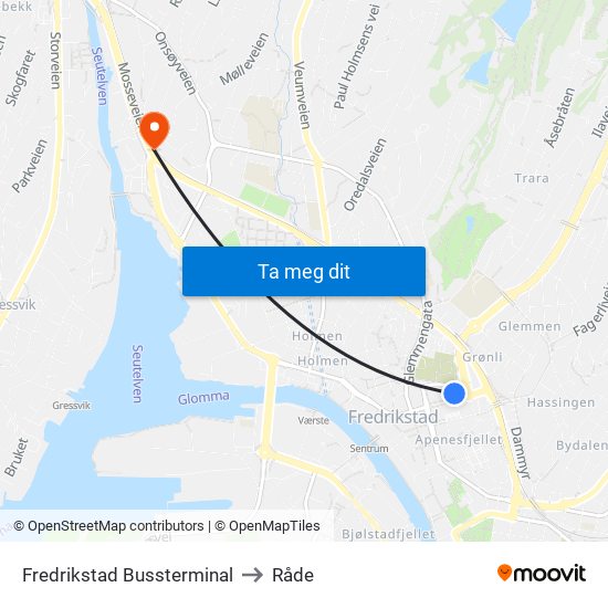 Fredrikstad Bussterminal to Råde map