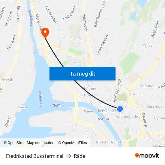 Fredrikstad Bussterminal to Råde map