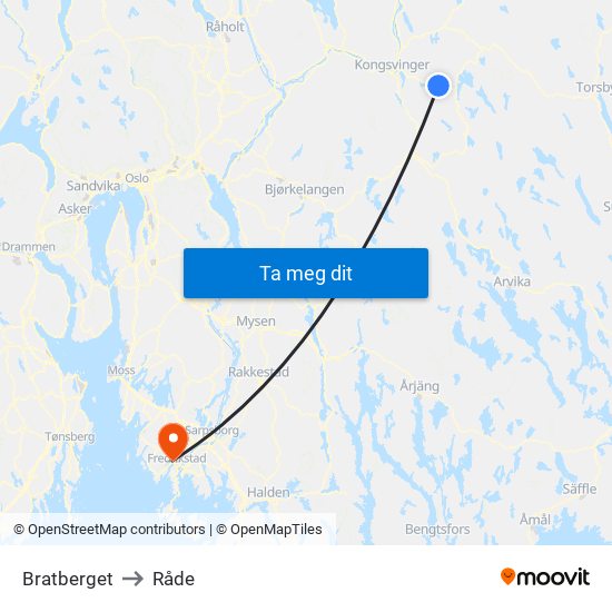Bratberget to Råde map