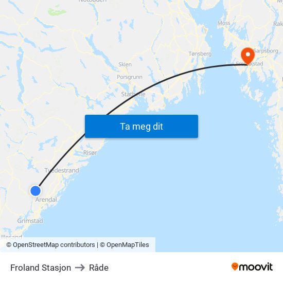 Froland Stasjon to Råde map