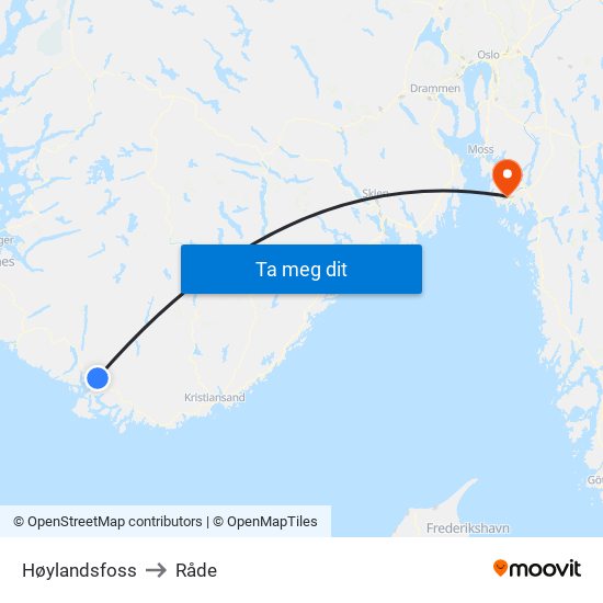 Høylandsfoss to Råde map