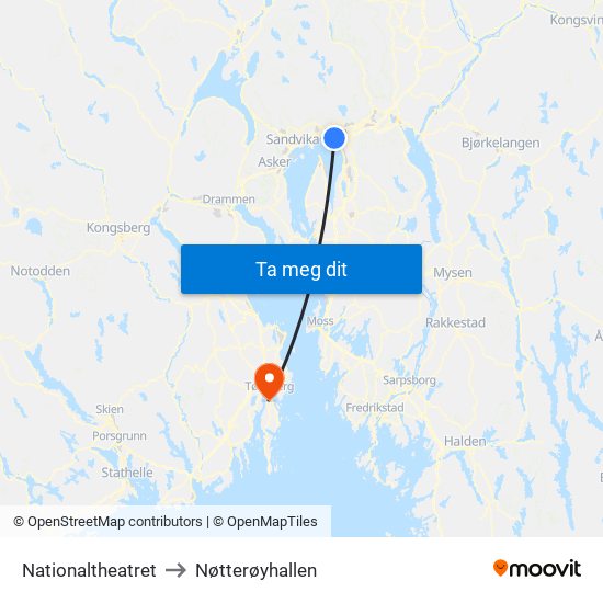 Nationaltheatret to Nøtterøyhallen map