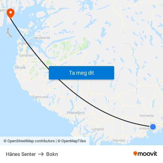 Hånes Senter to Bokn map