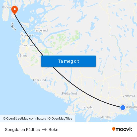 Songdalen Rådhus to Bokn map