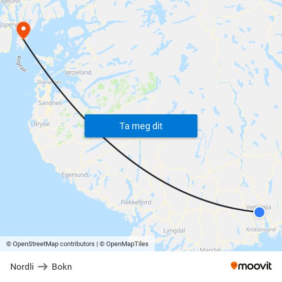 Nordli to Bokn map