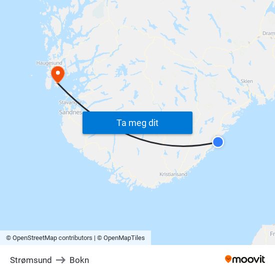 Strømsund to Bokn map