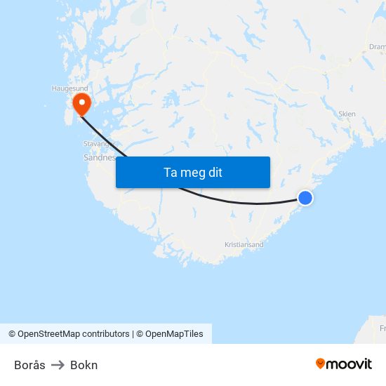 Borås to Bokn map