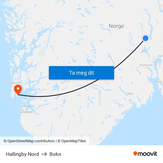 Hallingby Nord to Bokn map