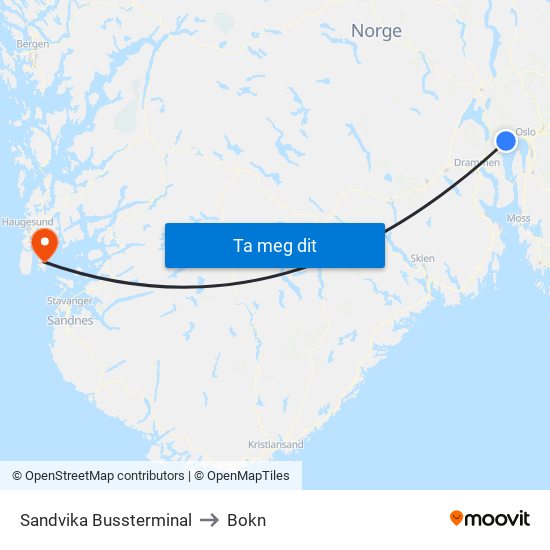 Sandvika Bussterminal to Bokn map