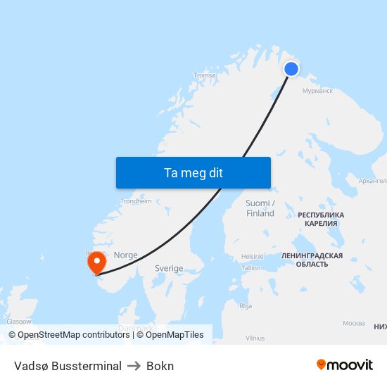 Vadsø Bussterminal to Bokn map