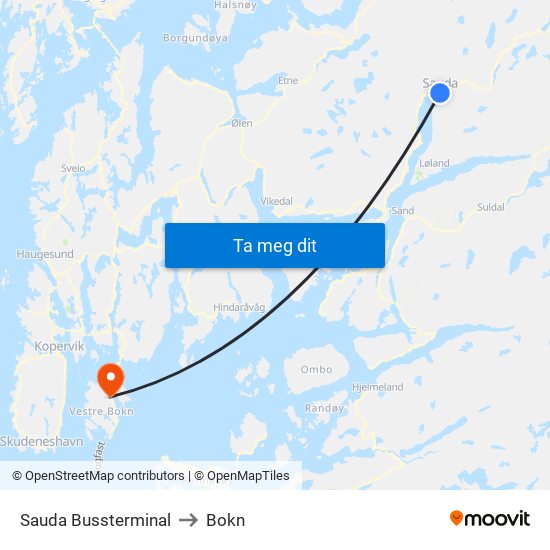 Sauda Bussterminal to Bokn map