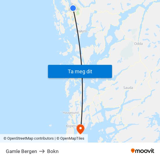 Gamle Bergen to Bokn map