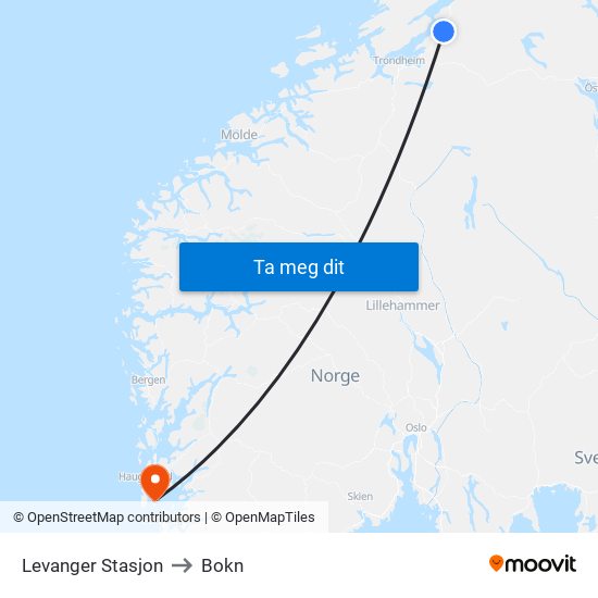 Levanger Stasjon to Bokn map