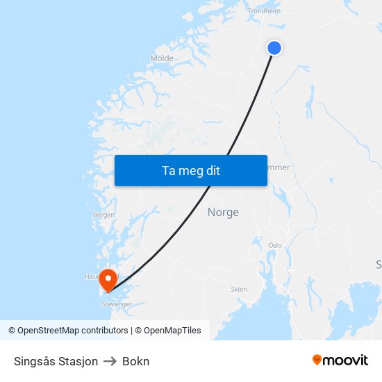 Singsås Stasjon to Bokn map