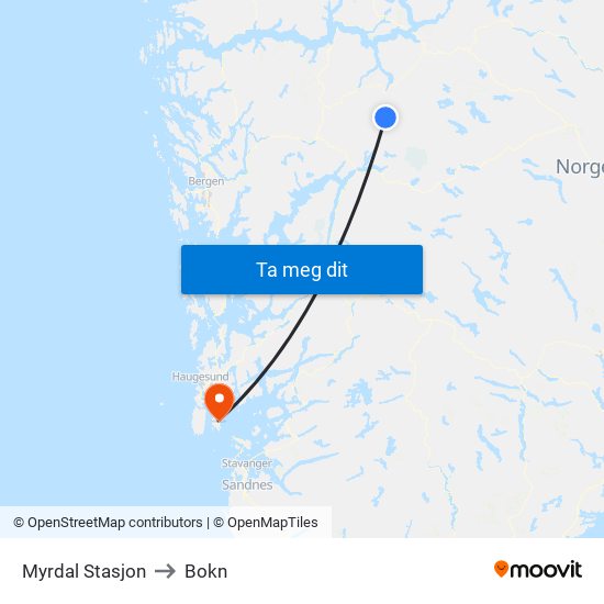 Myrdal Stasjon to Bokn map