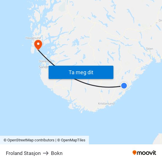 Froland Stasjon to Bokn map