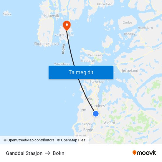 Ganddal Stasjon to Bokn map