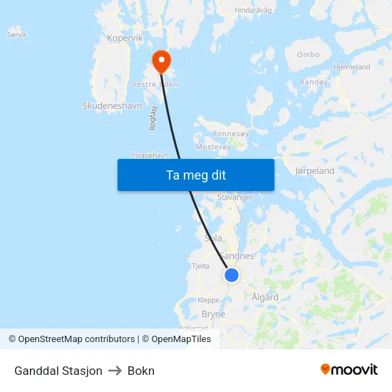 Ganddal Stasjon to Bokn map