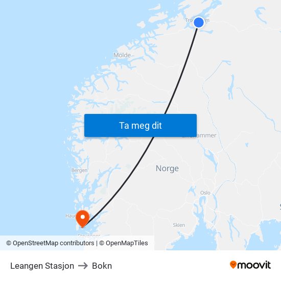 Leangen Stasjon to Bokn map