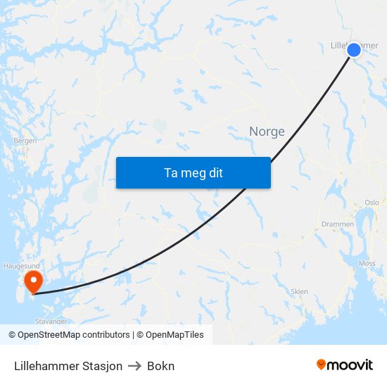 Lillehammer Stasjon to Bokn map