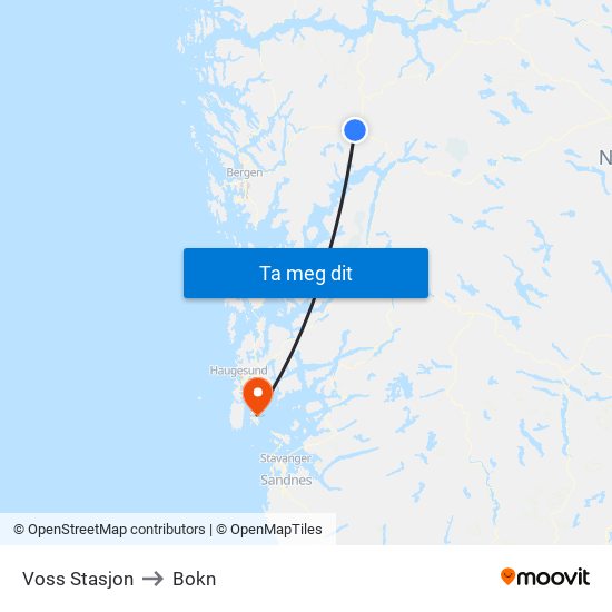 Voss Stasjon to Bokn map