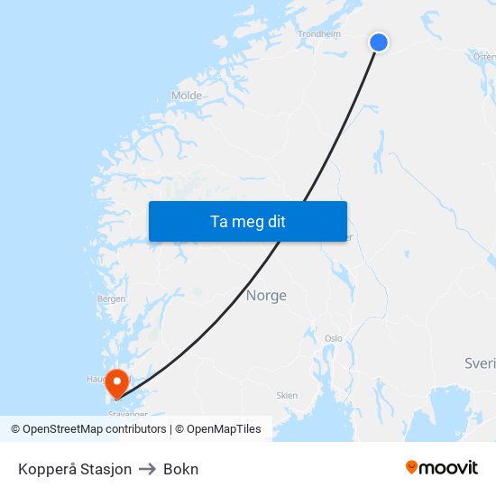 Kopperå Stasjon to Bokn map