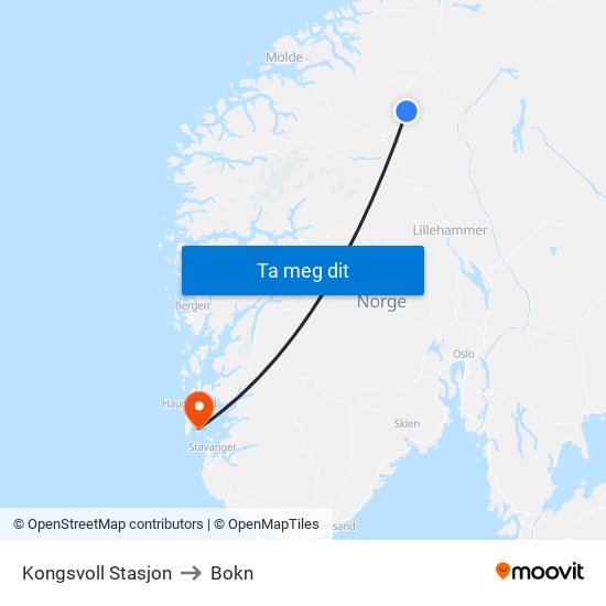 Kongsvoll Stasjon to Bokn map