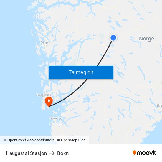 Haugastøl Stasjon to Bokn map