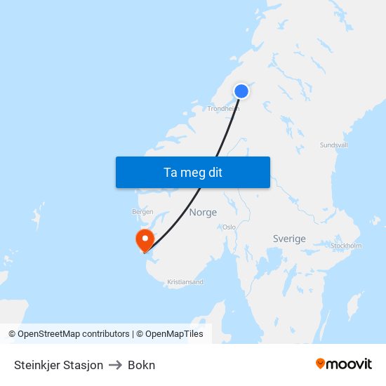 Steinkjer Stasjon to Bokn map