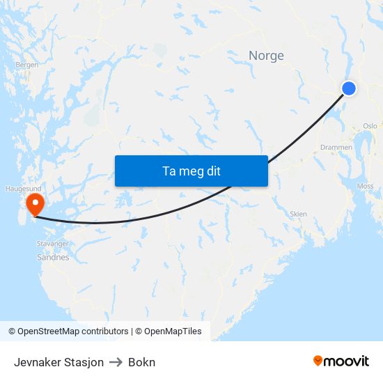 Jevnaker Stasjon to Bokn map