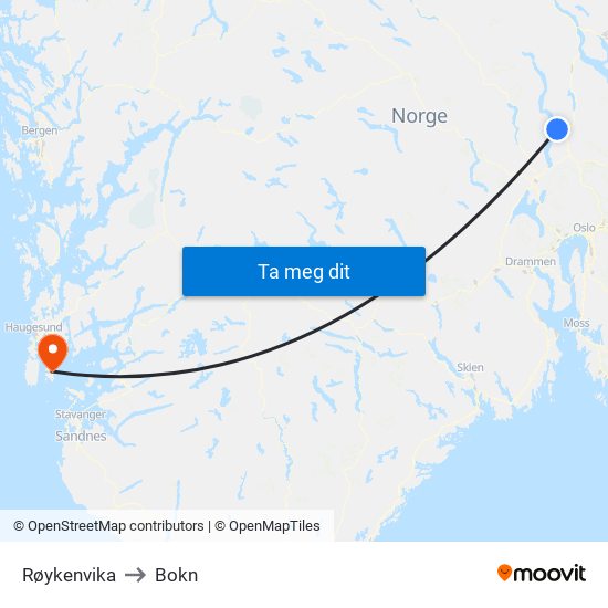 Røykenvika to Bokn map