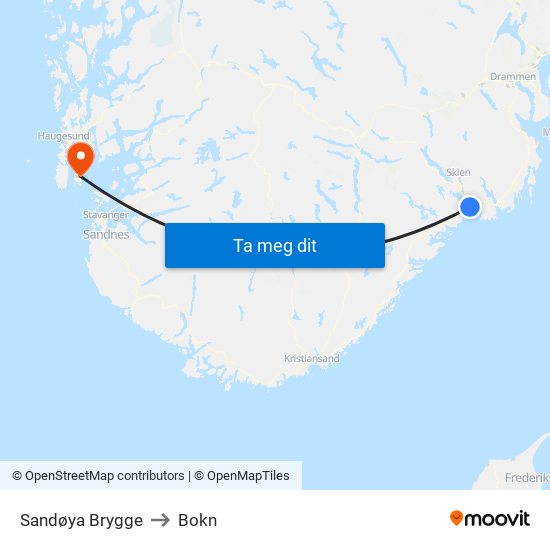 Sandøya Brygge to Bokn map