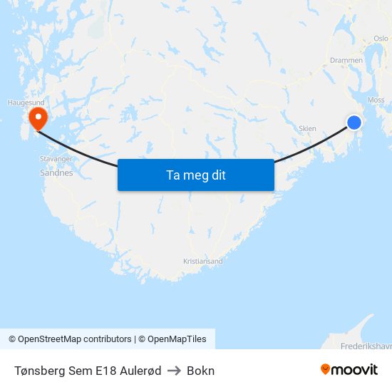 Tønsberg Sem E18 Aulerød to Bokn map