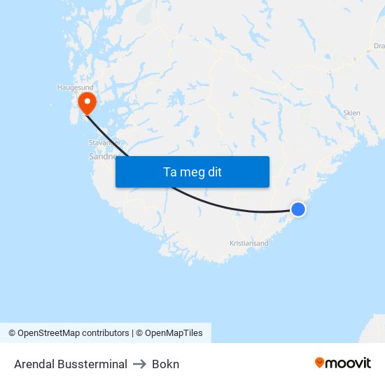 Arendal Bussterminal to Bokn map