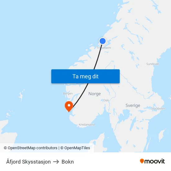 Åfjord Skysstasjon to Bokn map