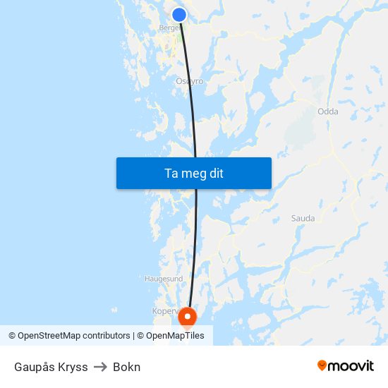 Gaupås Kryss to Bokn map