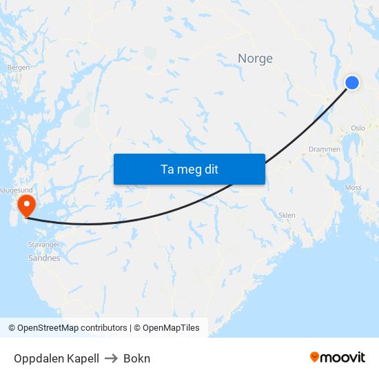 Oppdalen Kapell to Bokn map