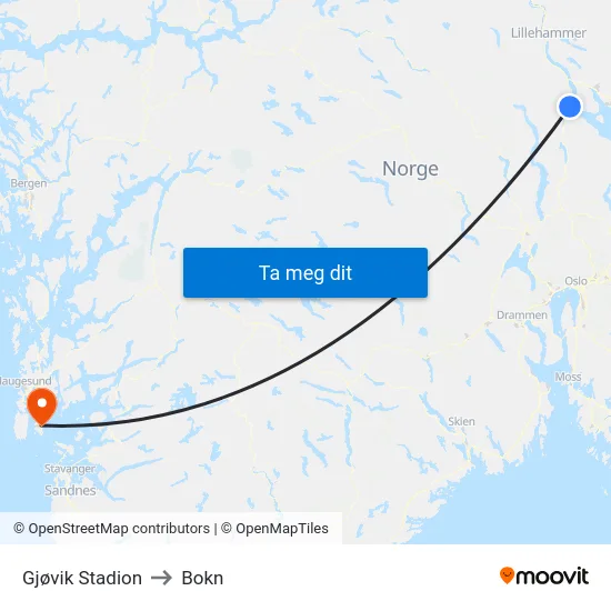 Gjøvik Stadion to Bokn map