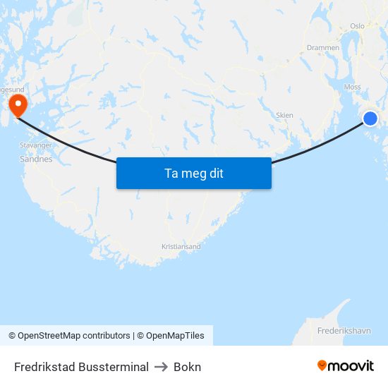Fredrikstad Bussterminal to Bokn map