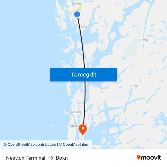 Nesttun Terminal to Bokn map