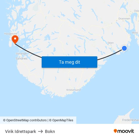 Virik Idrettspark to Bokn map