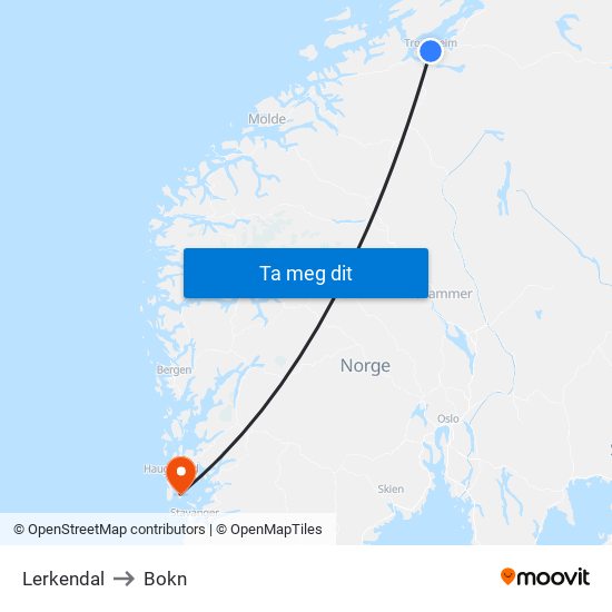 Lerkendal to Bokn map